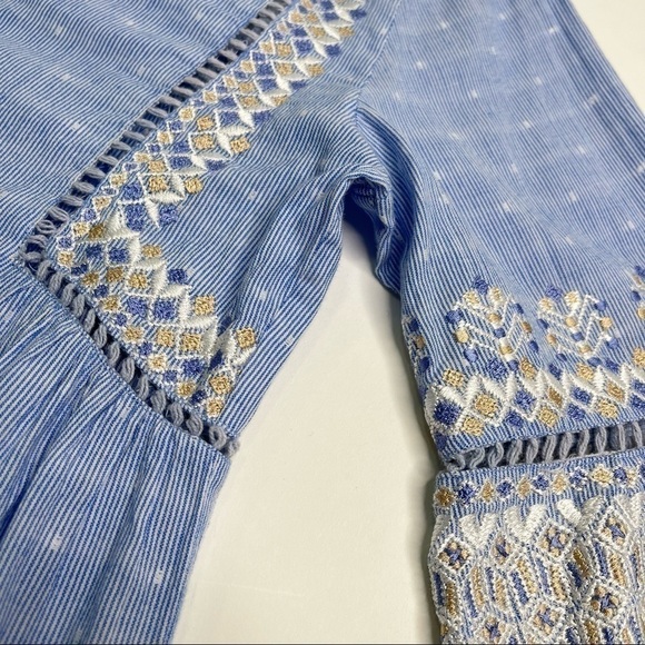 Rungolee Boho Blue Chambray Cottagecore Embroidered Bell Sleeve Tassel Dress - Picture 10 of 17